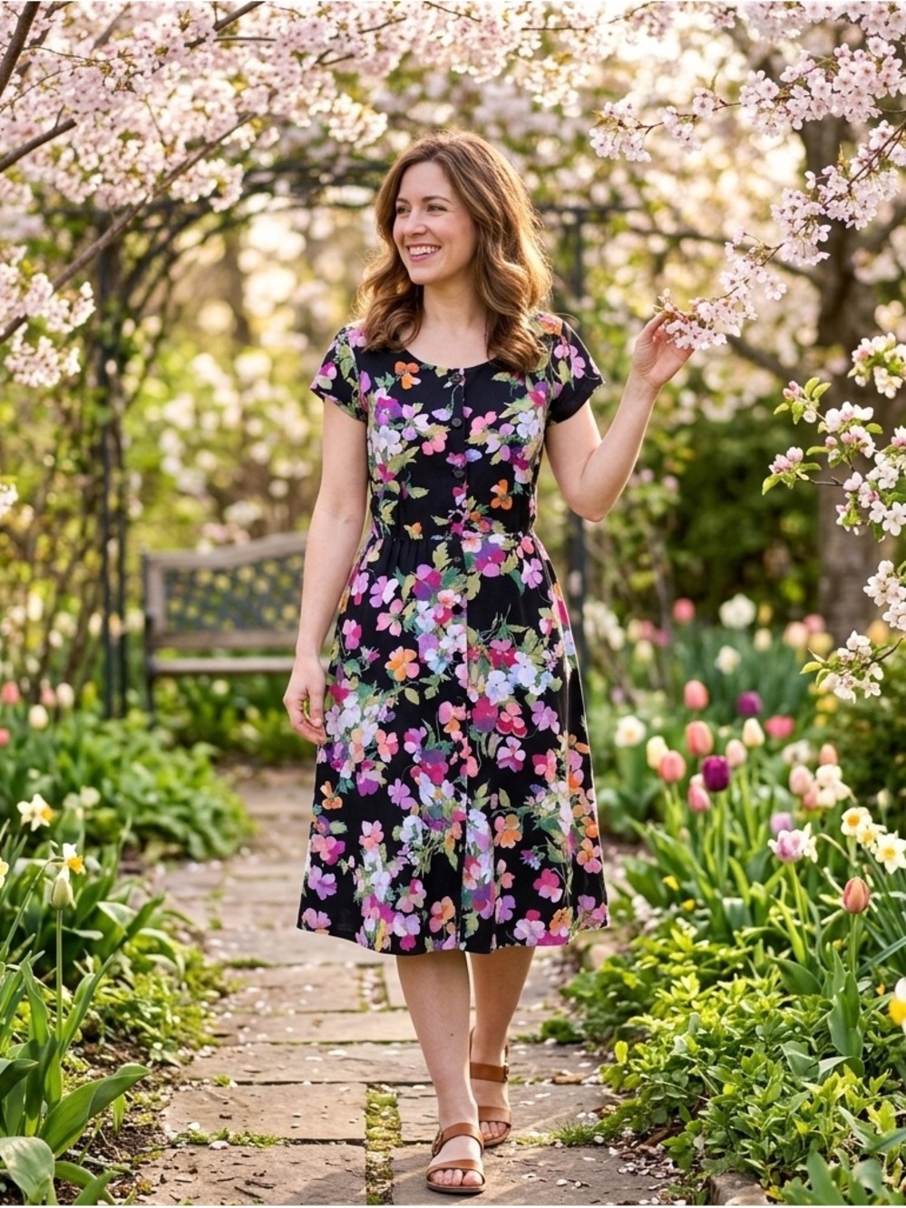 Vintage Avon Fashion Floral Midi Dress 7/8 Black Cotton Fit and Flare 90s